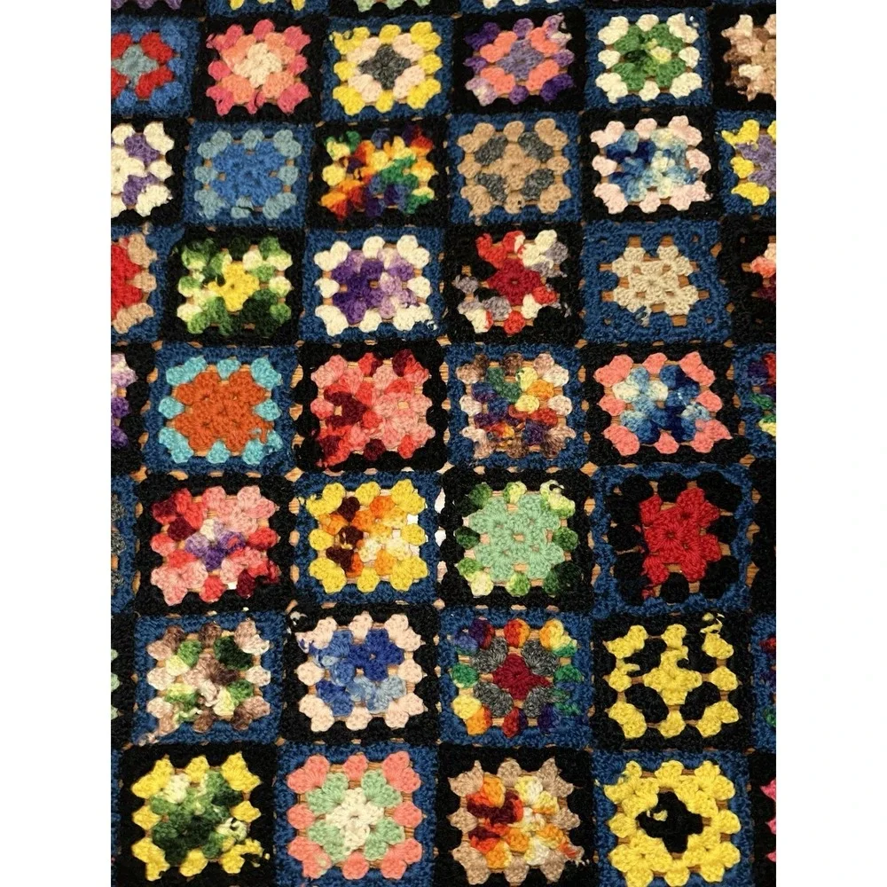 VTG 60's Colorful Granny Square Crochet Afghan Blanket Wool 41